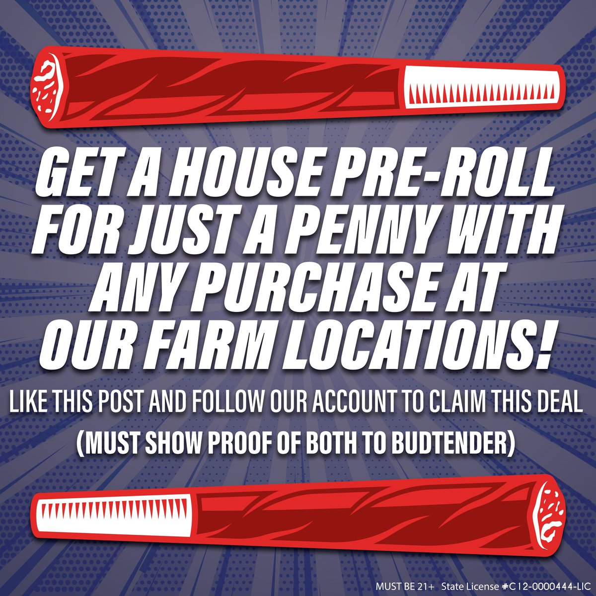 enjoythefarms's tweet photo. Stop in at any of our Farm locations until the end of August and receive a house pre-roll on us with any purchase! Must like this post, follow our account, and show proof to claim your deal. #thefarm #farms #5for4 #exclusive #exclusivedeal #enjoythefarms https://t.co/tM6bMic2ZK
