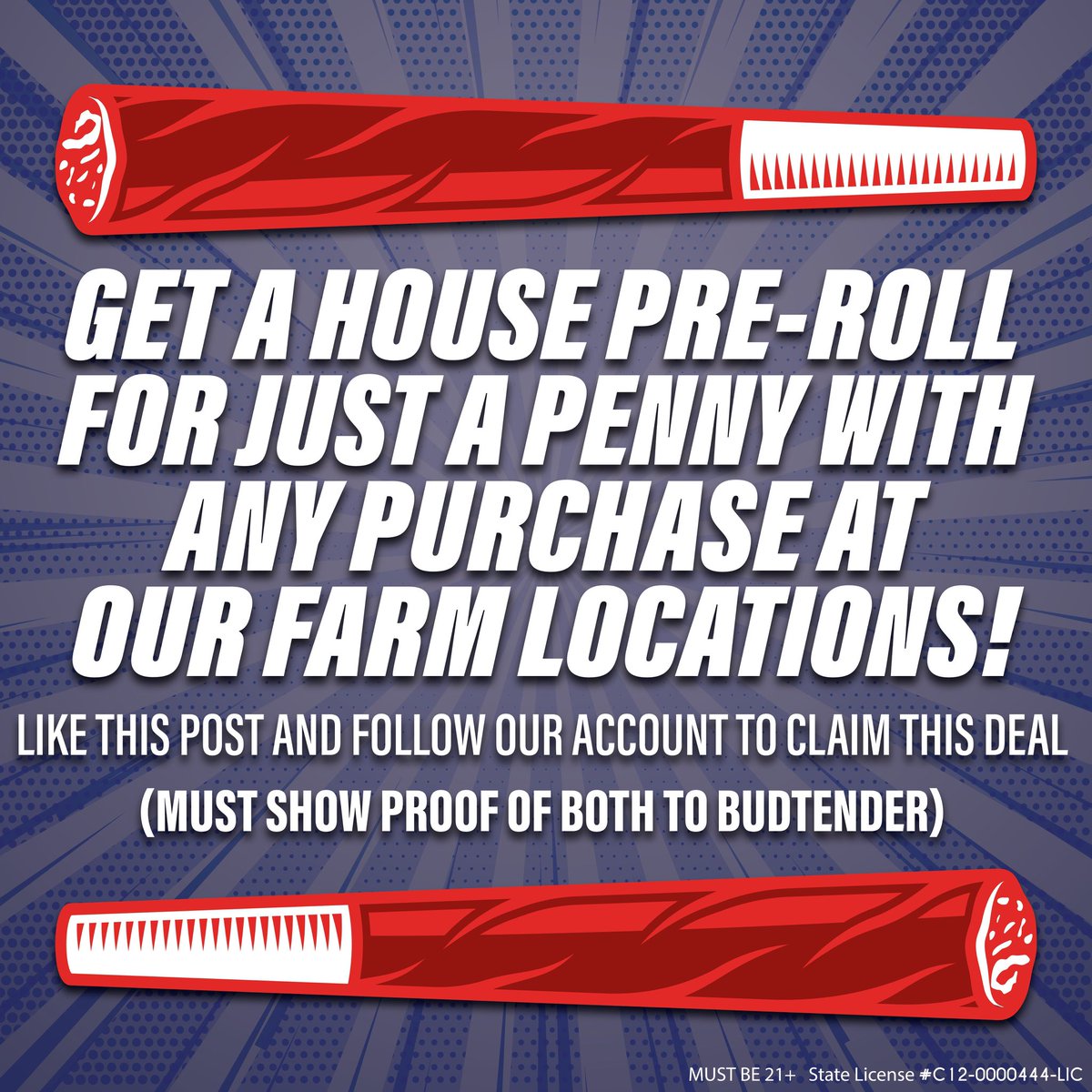 Stop in at any of our Farm locations until the end of August and receive a house pre-roll on us with any purchase! Must like this post, follow our account, and show proof to claim your deal. #thefarm #farms #5for4 #exclusive #exclusivedeal #enjoythefarms