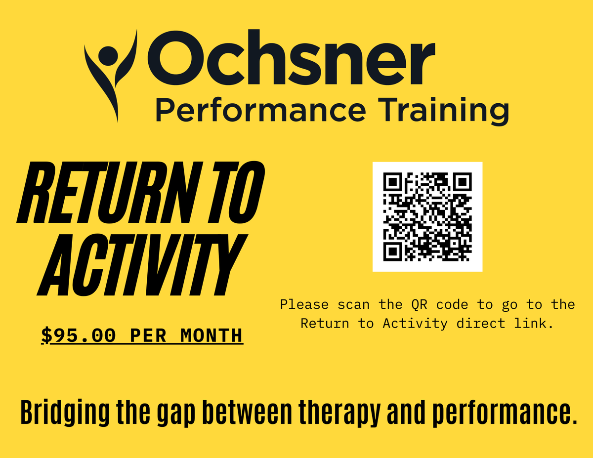 Och_Performance's tweet photo. "Bridging the gap between therapy and performance."
We are excited to launch our Return to Activity (RTA) program. Back on the field and ready to go.
DM us for more information or scan the QR code
#OPT #OPTsouth #nola #rta #return #returntoactivity #Ochsner #ochsnerhealth https://t.co/tfntMwcDNP