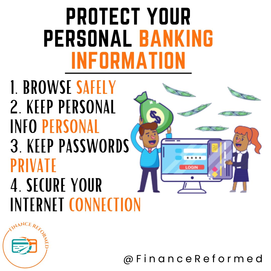 FinanceReformed's tweet image. Protect your personal banking information

1. Browse safely
2. Keep personal info personal
3. Keep passwords private
4. Secure your internet connection

#financereformed #reformed #protectpasswords #private #bankinginformation #information #SuccessfulBusiness #Motivational