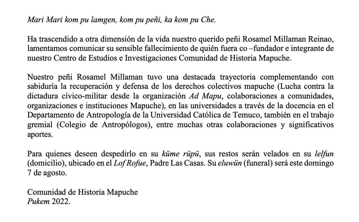 CHMapuche's tweet photo. Como Comunidad de Historia Mapuche lamentamos la temprana partida de Rosamel Millaman Reinao. https://t.co/K8bglAiJuY
