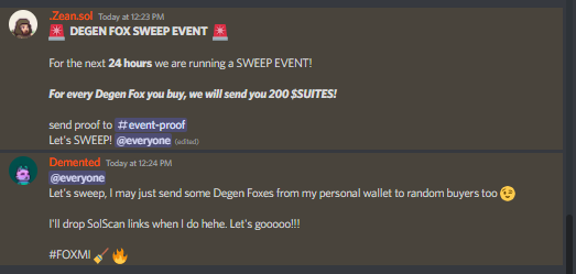 To celebrate our recent announcement, we are running a SWEEP EVENT for the next 24 hours!

Each Degen Fox purchase and we will send 200 $SUITES!

We will also send Degen Foxes randomly to buyers throughout the event!!! LFG! #FOXMI 🦊🧡📈