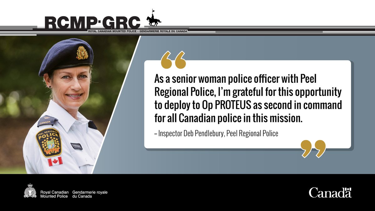 rcmpgrcpolice's tweet photo. Women play an invaluable role in all positions and capacities within peace operations, particularly in senior and leadership positions. We are proud of Peel Regional Police in contributing Inspector Deb Pendlebury. Read about other deployed women police. https://t.co/QUlsBGJFL5 https://t.co/0FsvNKwZAL