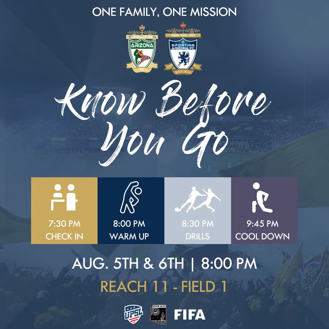 Know before you go 💙

730 PM Check-In 
8:00 PM Warm Up 
8:30 PM Drills 
9:45 PM CoolDown 
 
Reach 11 Complex - Field 1 

$40 dollars for both days 
Cash or Zelle due at check-in 

Register to tryout on our link in bio! 🔗
Or 
Go to linktr.ee/sportingarizona

#onefamilyOneMission