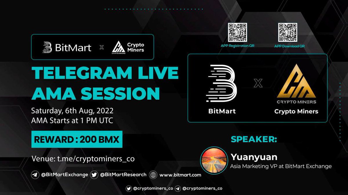 🎙️We're pleased to announce our next #AMA with BitMart on 6th August at 1:00 PM UTC 🤩

💰Rewards Pool: 200 $BMX

🏠Venue: t.me/Crypto_Miners_…

〽️Rules:
1⃣ Follow @Cryptominers_co, <a href="/BitMartResearch/">BitMart Research｜$BMX HODLer</a> &amp; <a href="/BitMartExchange/">BitMart</a> 
2⃣ Like &amp; RT
3⃣ Comment Questions &amp; Tag 3 

#BitMart #BMX