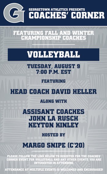 Join Head Coach David Heller and the #Hoya staff to get all the insider information on the upcoming seasons!

Registration: bit.ly/3SxQjZ1

*This event is for family, friends and supporters of Georgetown Athletics and is not a recruiting event.*