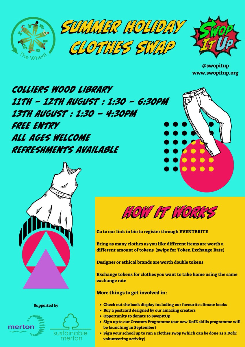 We are supporting <a href="/SwopItUp/">SwopItUp</a>'s mission to fight #FastFashion! ✊🌍 Come along to this FREE #ClothesSwap on the 11, 12 &amp; 13 August @ Colliers Wood <a href="/MertonLibraries/">Merton Libraries</a> to refresh your wardrobe, save £££s &amp; keep your clothes in the loop 🩳

🌈 Open to all!
➡️ eventbrite.co.uk/e/clothes-swop…