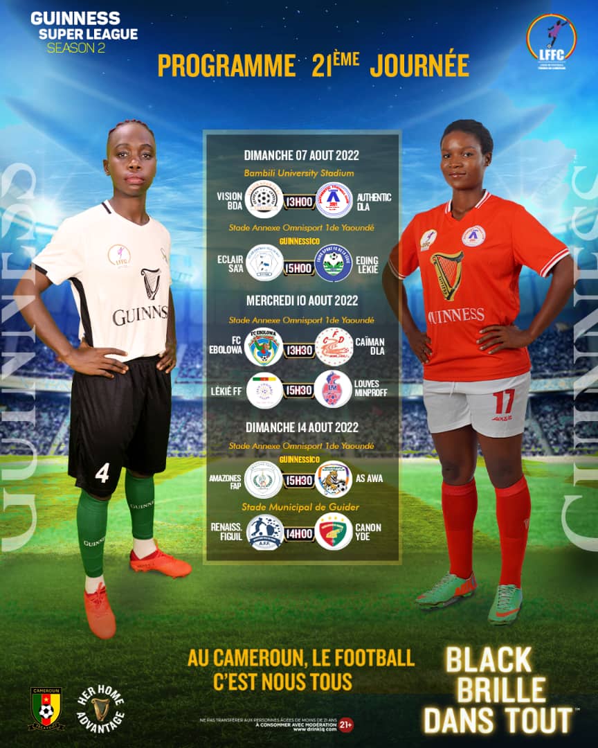 FCEbolowa's tweet photo. Programme complet de la 21e journée de la @GSuper_League acte 2.
@FCEbolowa reçoit sur les installations du stade Omnisport annexe 1 l'équipe @Caiman de Douala.
Coup d'envoi dès 13h30(heure locale)
#LFFC
#GuinnessSuperLeague
#FootballFeminin
#FCECFD
#EnsembleEcrivonslHistoire https://t.co/gOoYl4pt3U