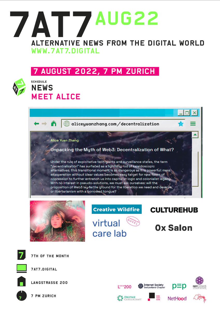 Panayotis Antoniadis (@panayotis) on Twitter photo For August #7at7 we will talk with <a href="/aliceyuanzhang/">Alice å¼ å
</a> about all the exciting projects she explored to write her article on #decentralization and its myths: aliceyuanzhang.com/decentralizatiā¦
Join us on Sunday Aug7, 7pm Zurich, at 7at7.digital For August #7at7 we will talk with <a href="/aliceyuanzhang/">Alice å¼ å
</a> about all the exciting projects she explored to write her article on #decentralization and its myths: aliceyuanzhang.com/decentralizatiā¦
Join us on Sunday Aug7, 7pm Zurich, at 7at7.digital