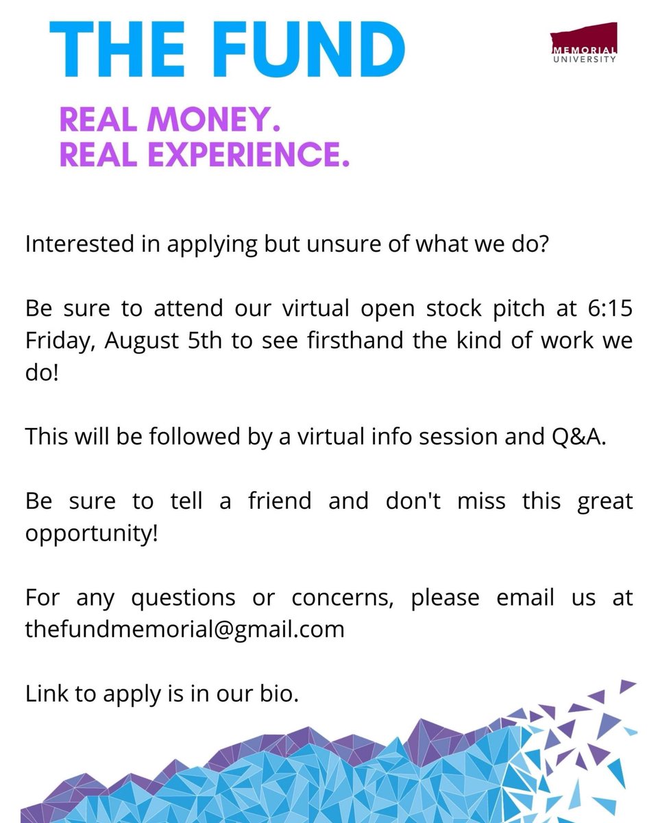 Join us tonight for a Virtual Info Session + Q&amp;A session!

Come learn about what we do at the fund, Don’t miss this great opportunity.

Click the link to sign up!

Click here: forms.gle/3cvTTdDkaE9f17…

<a href="/MUNBusiness/">MUN Business</a> <a href="/MemorialU/">Memorial University</a> <a href="/MUN_Students/">Memorial U Students</a> 

#finance #financestudent 
#financeisfun