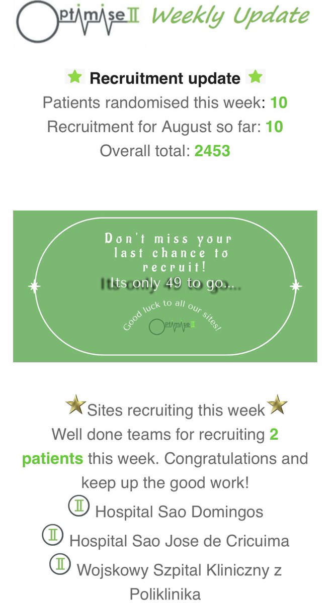 OPTIMISE II team (@optimise2trial) on Twitter photo The countdown is officially on with only 49 patients to go to achieve our <a href="/OPTIMISE2trial/">OPTIMISE II team</a> recruitment target! Well done to all our fantastic investigators on a super week of recruitment. ๐๐๐ The countdown is officially on with only 49 patients to go to achieve our <a href="/OPTIMISE2trial/">OPTIMISE II team</a> recruitment target! Well done to all our fantastic investigators on a super week of recruitment. ๐๐๐