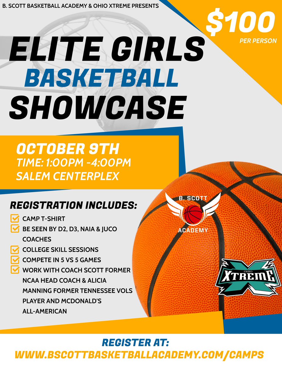 B. Scott Basketball Academy and Ohio Xtreme will be hosting the 2nd annual Elite Girls Basketball Showcase on October 9!

⛹️‍♀️ Girls 8th-12th grade 

📆 October 9th - 1pm-4pm 

💵 $100 includes Camp T-Shirt 

📍Salem Community Center 

💻 docs.google.com/forms/d/1hXoxD…