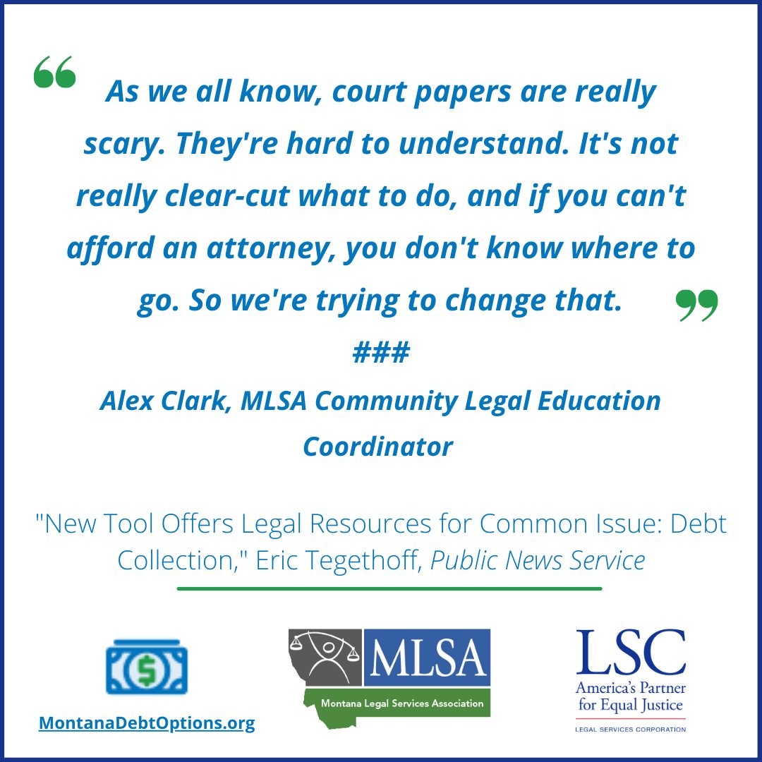 MLSA's tweet image. "As we all know, court papers are really scary. They're hard to understand. It's not really clear-cut what to do, and if you can't afford an attorney, you don't know where to go. So we're trying to change that," MLSA Community Legal Education Coordinator, Alex Clark, told ...