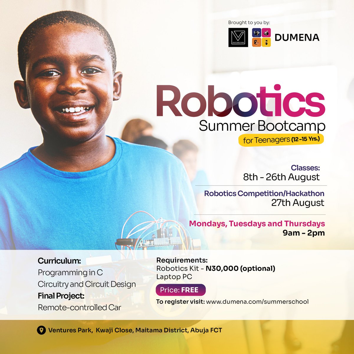 hi_dumena's tweet photo. A Smart Car Project for your child this summer holiday?

Yes you can 🥳🎊🚀

And it's FREE! 

Registration link below in the next tweet. https://t.co/8XFXuAxCqj