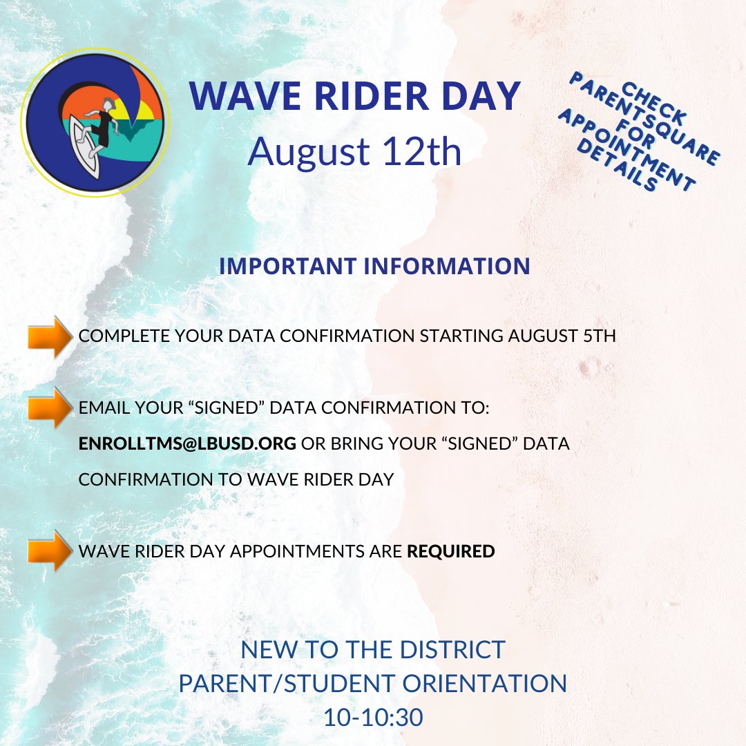 LagunaBeachUSD's tweet photo. Wave Rider Day is August 12th! Please review your ParentSquare message for important details. https://t.co/0ejSBd32me