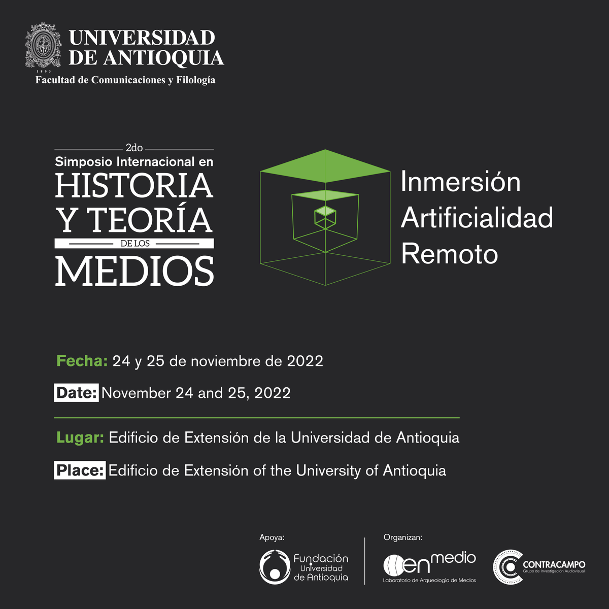 🤩Vuelve el Simposio Internacional en Historia y Teoría de los Medios 📺

Te invitamos a participar de esta segunda versión del Simposio que se llevará a cabo el 24 y 25 de noviembre en el Edificio de Extensión <a href="/UdeA/">Universidad de Antioquia</a>🙋🏻‍♀️

¡Te esperamos!🤓

📲 bit.ly/3utNo9p

<a href="/FundacionUdeA/">Fundación Universidad de Antioquia</a>