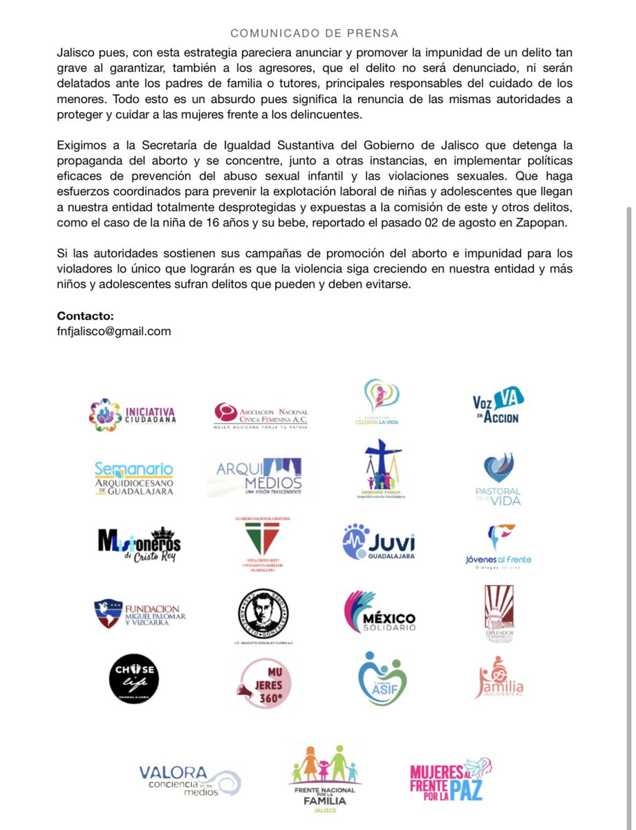 JALISCO dice sí a la defensa de la vida, el respeto a la dignidad humana y construcción de alternativas de políticas públicas que favorezcan la paz. Exigimos al Gobierno del Estado de Jalisco que deje de lado agendas ideológicas que favorecen la cultura del descarte. #Jalisco