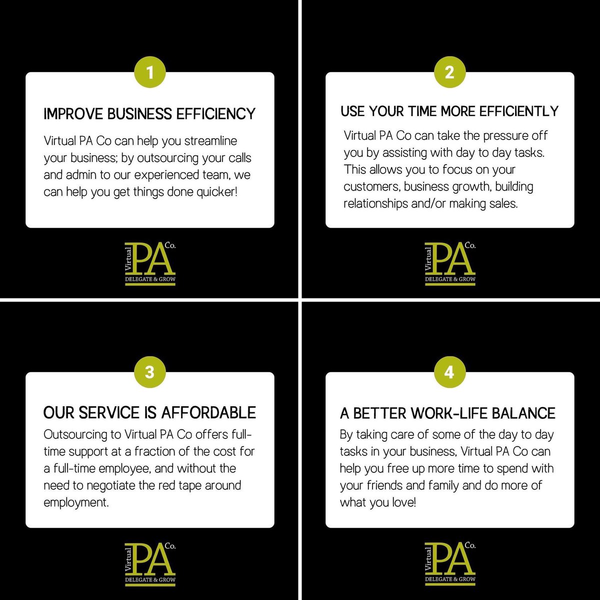 Why #outsource your call answering and admin tasks to Virtual PA Co? Here are 4 good reasons! 

Bonus reason no. 5: we offer a free 7 day trial - so why not give us a try? Email hello@virtualpa.co.uk to get started 💚

#virtualPA #admin #smallbusiness #callhandling