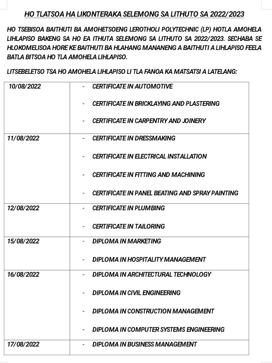 #AdmittedStudents #NMDSSchedule #LerotholiPolytechnic