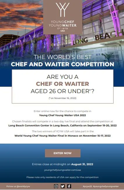 To ALL the Food Sport competitors out there, here's an opportunity to brush up on your culinary skills before Culinary Fight Fest! Young Chef Young Waiters wants to see  CFC Chefs register this year! It's FREE + Registration for YCYW closes 8/31 buff.ly/3d4Chho