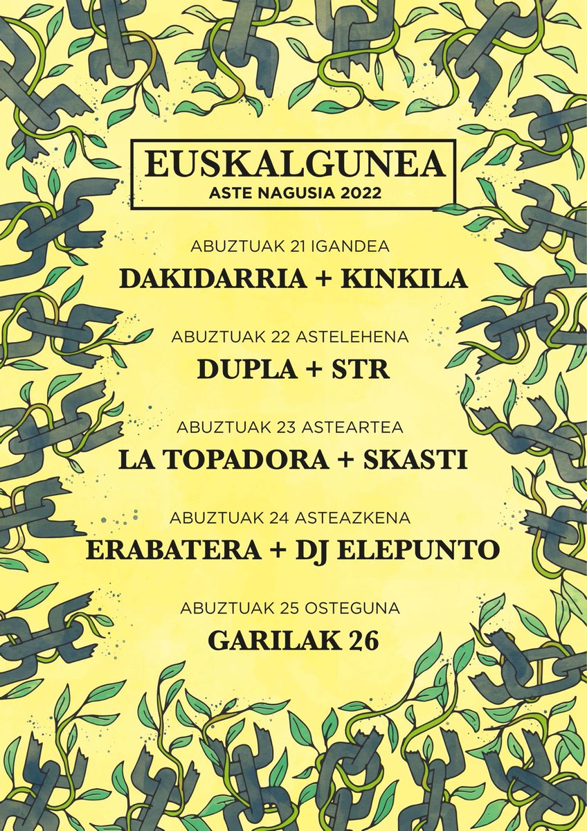 Eta azkenin.... HEMEN DUZUE ASTE OSOKO KONTZERTUEN ZERRENDA!

Gora Aste Nagusia!
Gora Mari Jaia!

 <a href="/txori_barrote/">TxoriBarrote</a>
<a href="/haupittuhau/">Hau Pittu Hau</a>
<a href="/konpartsak/">Bilboko Konpartsak</a>
#Eguzkizaleak

#KinkilaBand
@Dakidarria
#Dupla
@str_ofiziala
<a href="/latopadoragrupo/">latopadora</a>
<a href="/skastiband/">Skasti</a>
<a href="/EraBatera/">EraBatera</a>
#djelepunto
<a href="/garilak26/">GARILAK26</a>