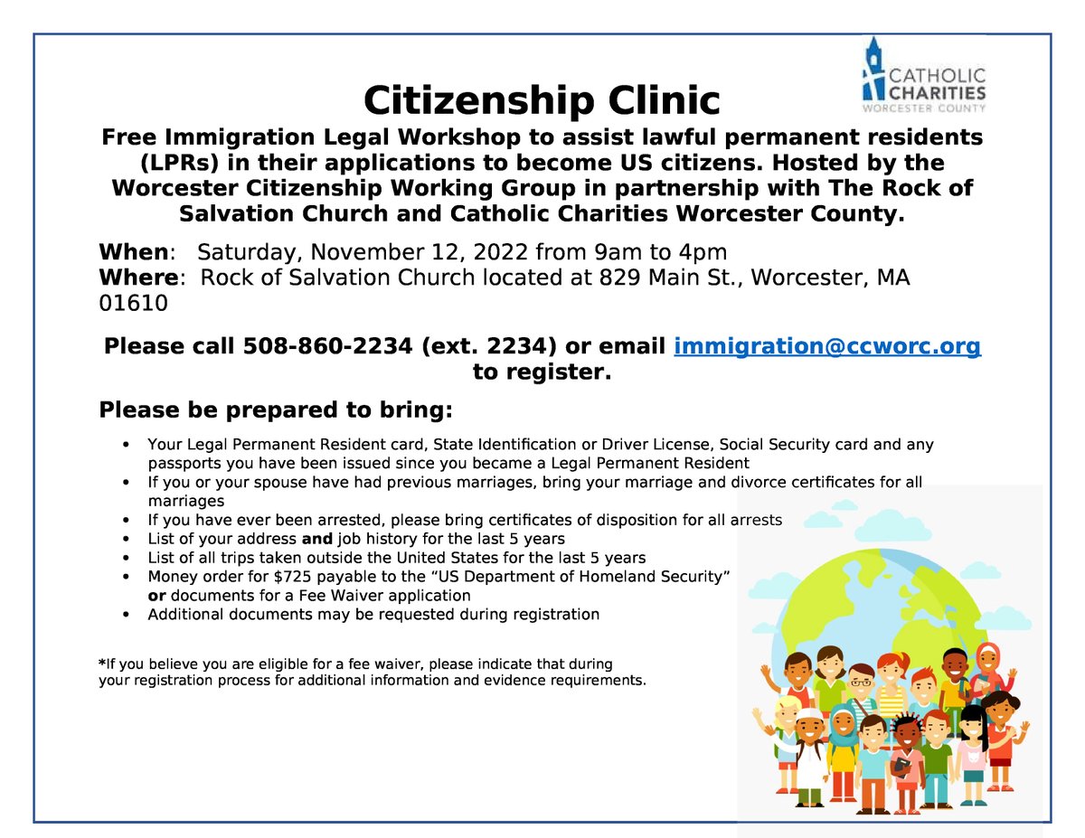 cc_worc's tweet photo. Free Immigration Legal Workshop to assist lawful permanent residents (LPRs) in their applications to become US citizens. Hosted by the Worcester Citizenship Working Group in partnership with The Rock of Salvation Church and Catholic Charities Worcester County. https://t.co/rMJ9kcdyhK