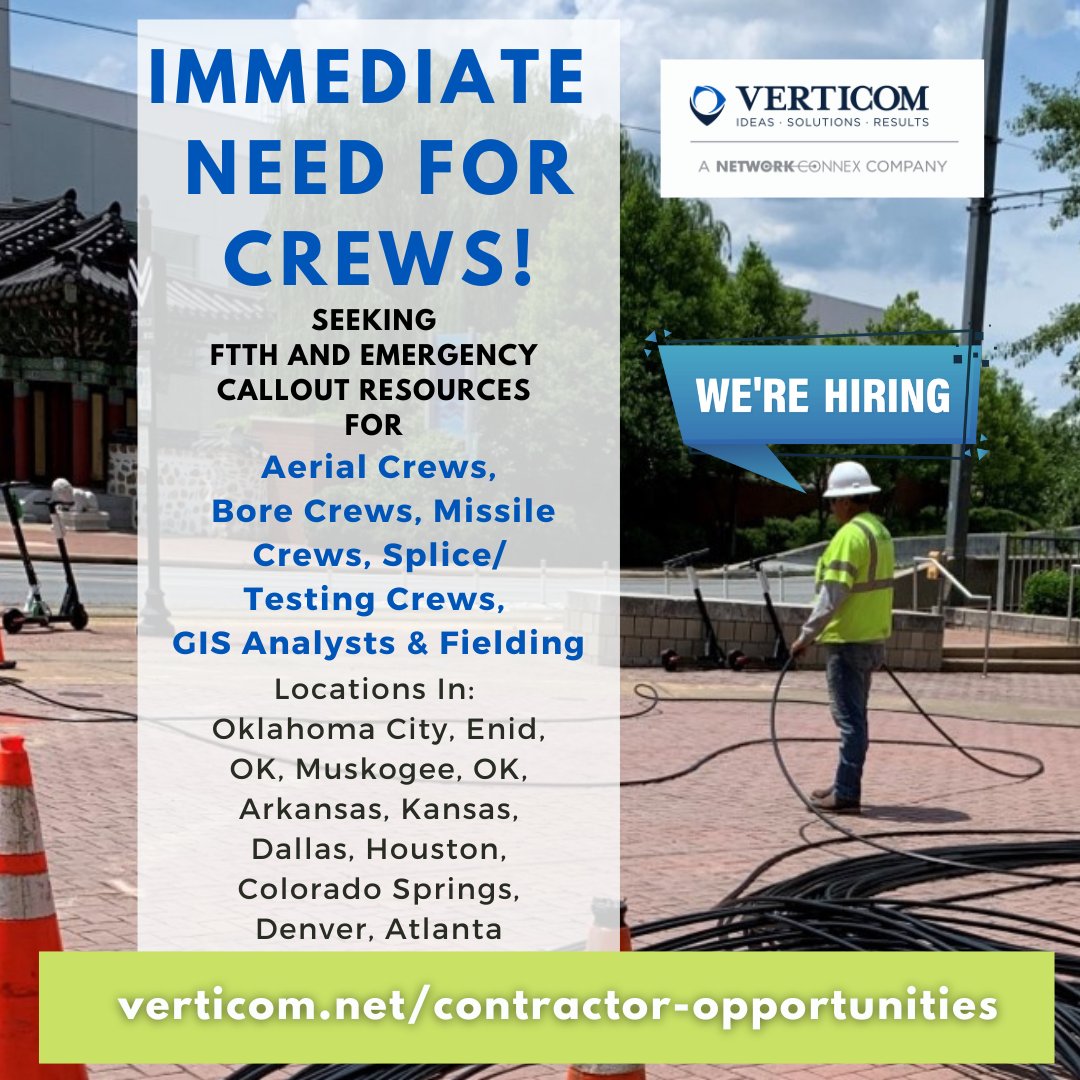VERTICOMTX's tweet photo. We’re hiring! Calling all FTTH and Emergency Callout sub contractors for aerial crews, bore crews, missile crews, splice/testing crews, GIS analysts, and fielding. Opportunities exist in multiple cities! Info. at: https://t.co/JbEM2O0MC6 #FiberToTheHome #telecomjobs #werehiring https://t.co/LIMm0lOYvg