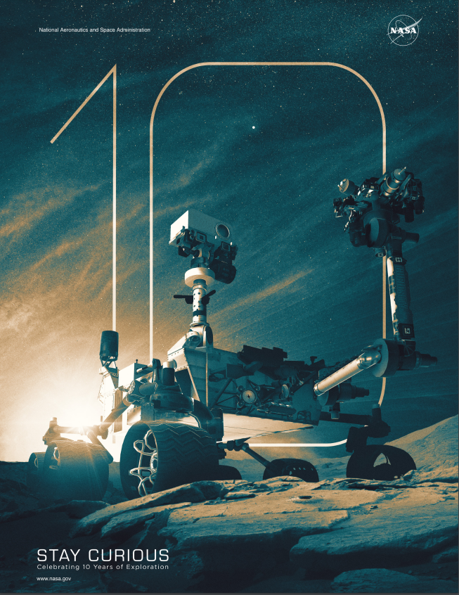 Bottlaeric's tweet photo. La NASA nous offre un magnifique poster à l'occasion des 10 ans de l'atterrissage de #Curiosity sur Mars ! C'était le matin du 6 août 2012, et j'espère que tel un rover alimenté par une pile radioactive sur Mars, vous restez curieux !

https://t.co/o7ju49IsFX https://t.co/dXyhldMo3e