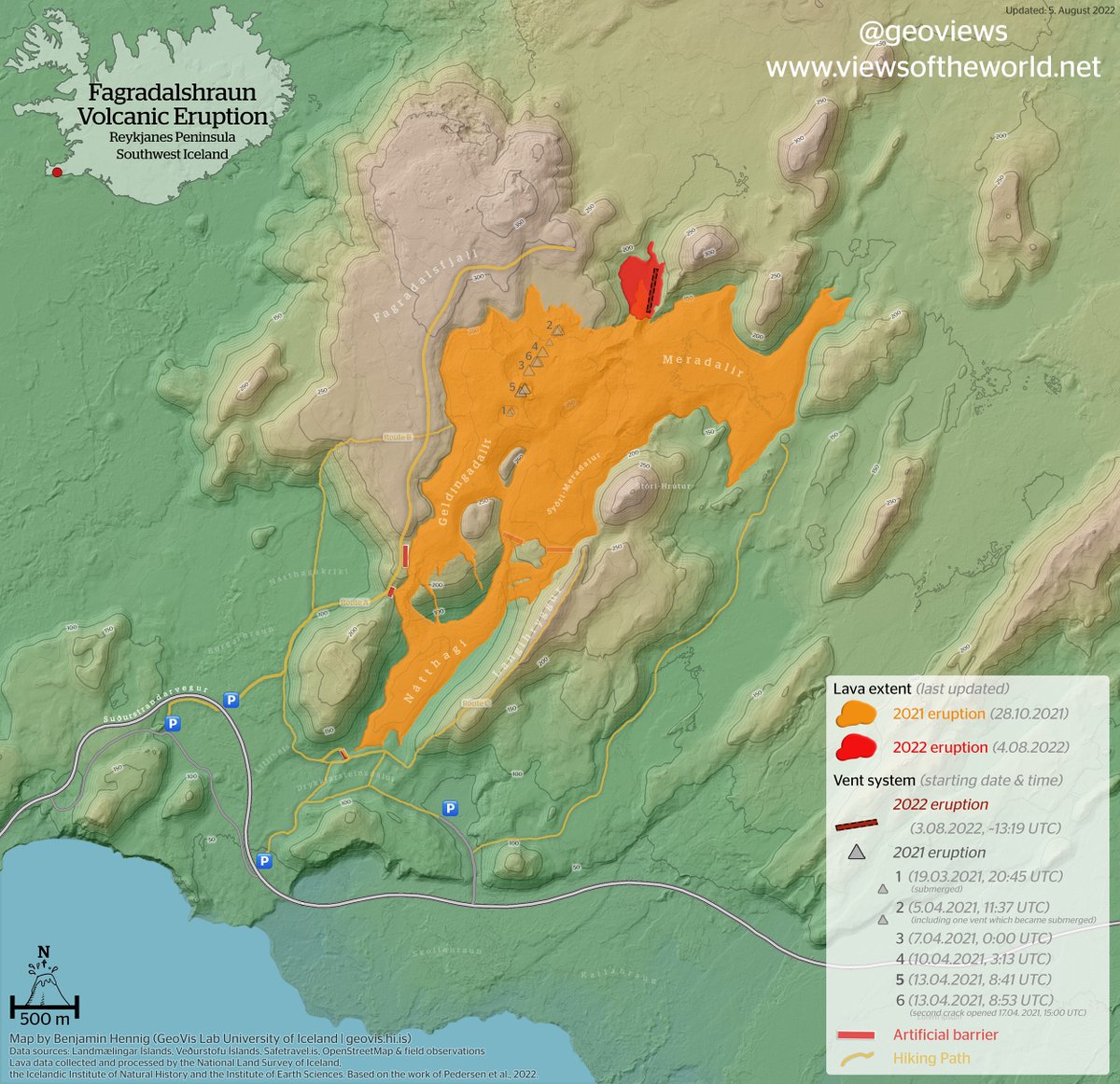 Map update from the volcanic eruption on the Reykjanes Peninsula in Iceland: The map shows the 2021 and 2022 lava flows in their geographic context, including the new hiking path to the Meradalir eruption site. High-resolution version at wrld.at/lavaflows #volcano #iceland