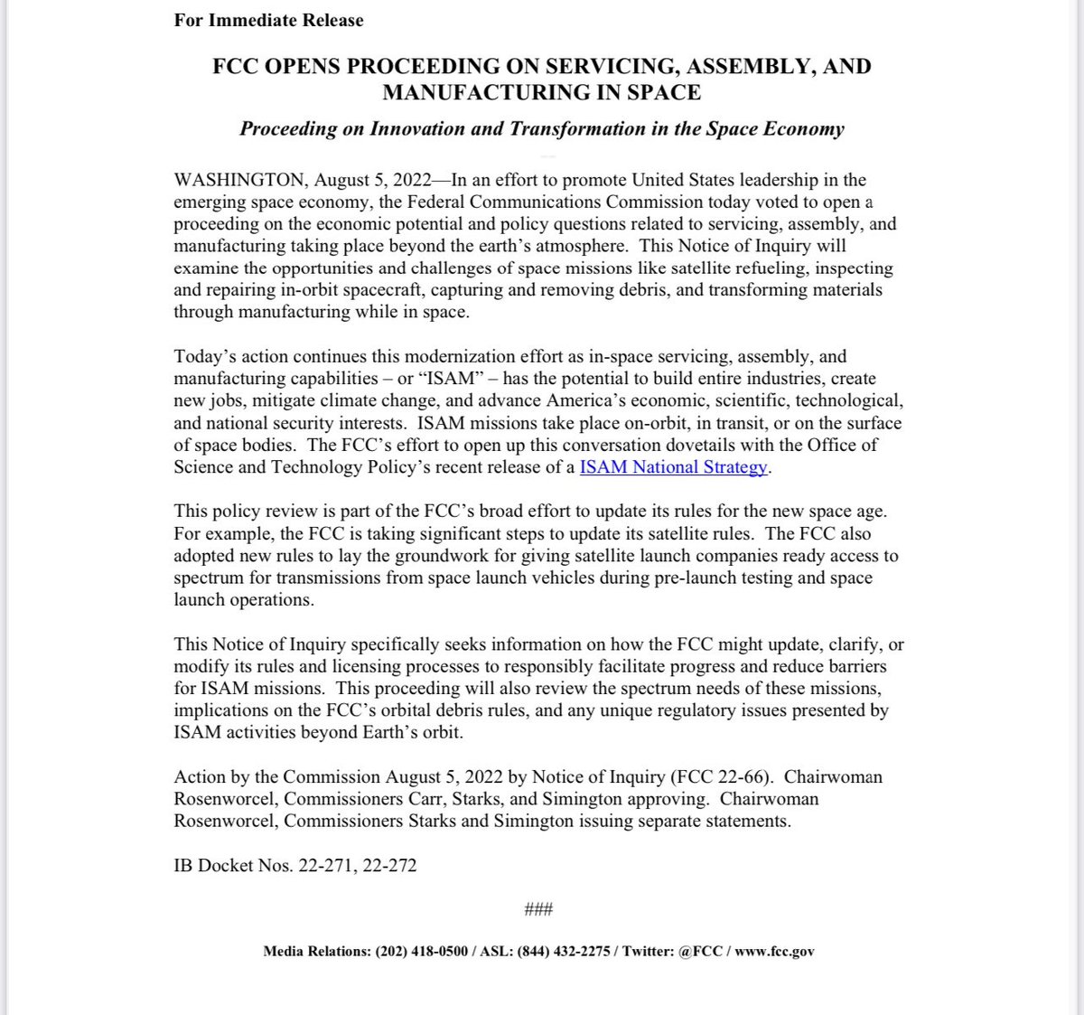 We love space sustainability. We’re celebrating the FCC vote to adopt an NOI on Space Innovation! 🥂 

This will create the (first ever) record on what is needed to enable in-space servicing, assembly, and manufacturing missions before the FCC. We'll see you in the docket! 🛰 🌎