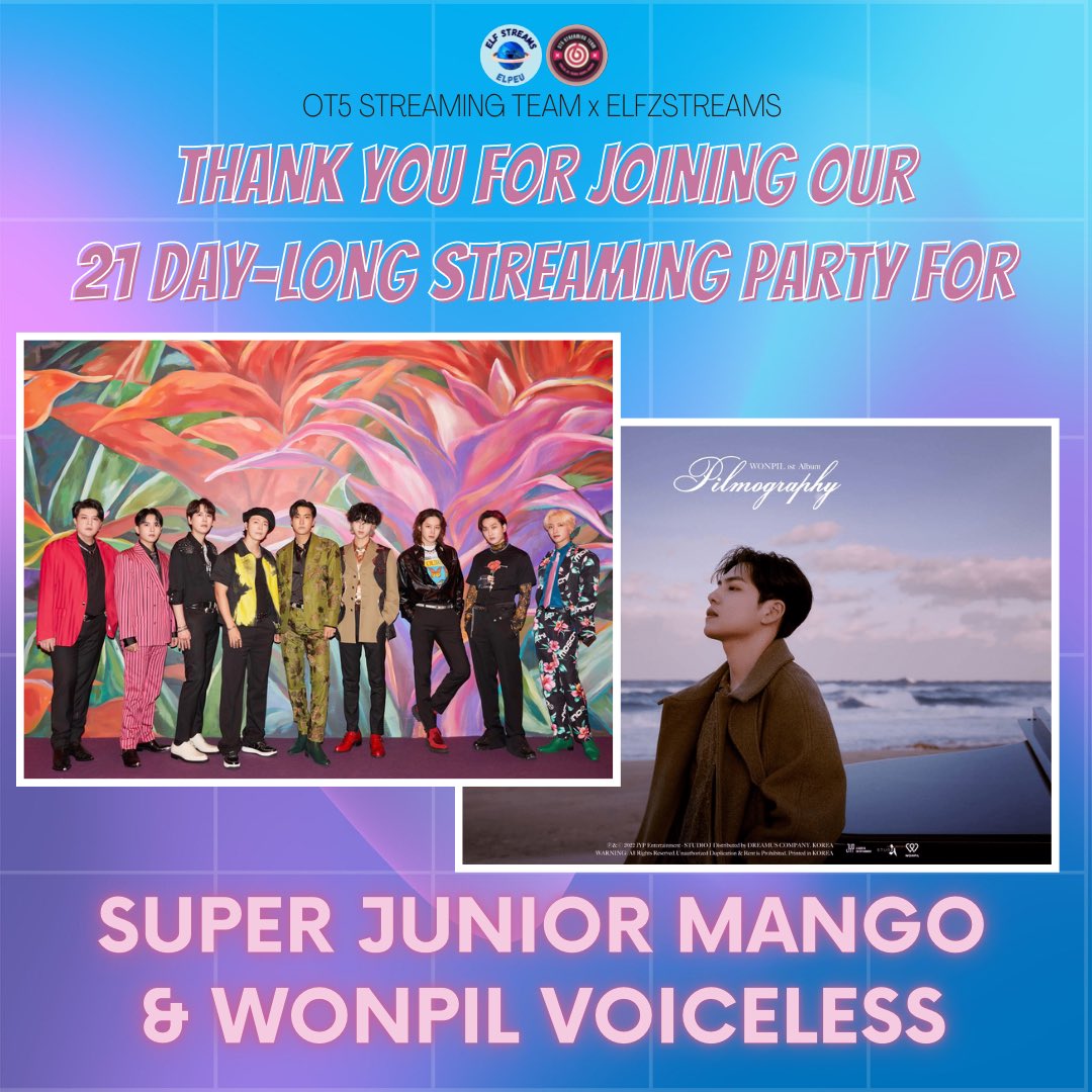 elfzstreams's tweet photo. Our streaming party collaboration with @OT5_STeam for Super Junior’s Mango and Wonpil’s Voiceless has come to an end. Streaming altogether has been very fun with you all. Thank you, ELF and MyDays! 💙
#SUPERJUNIOR_Mango @SJofficial #WonMillionViews4Pil @day6official https://t.co/45bpepFBqS
