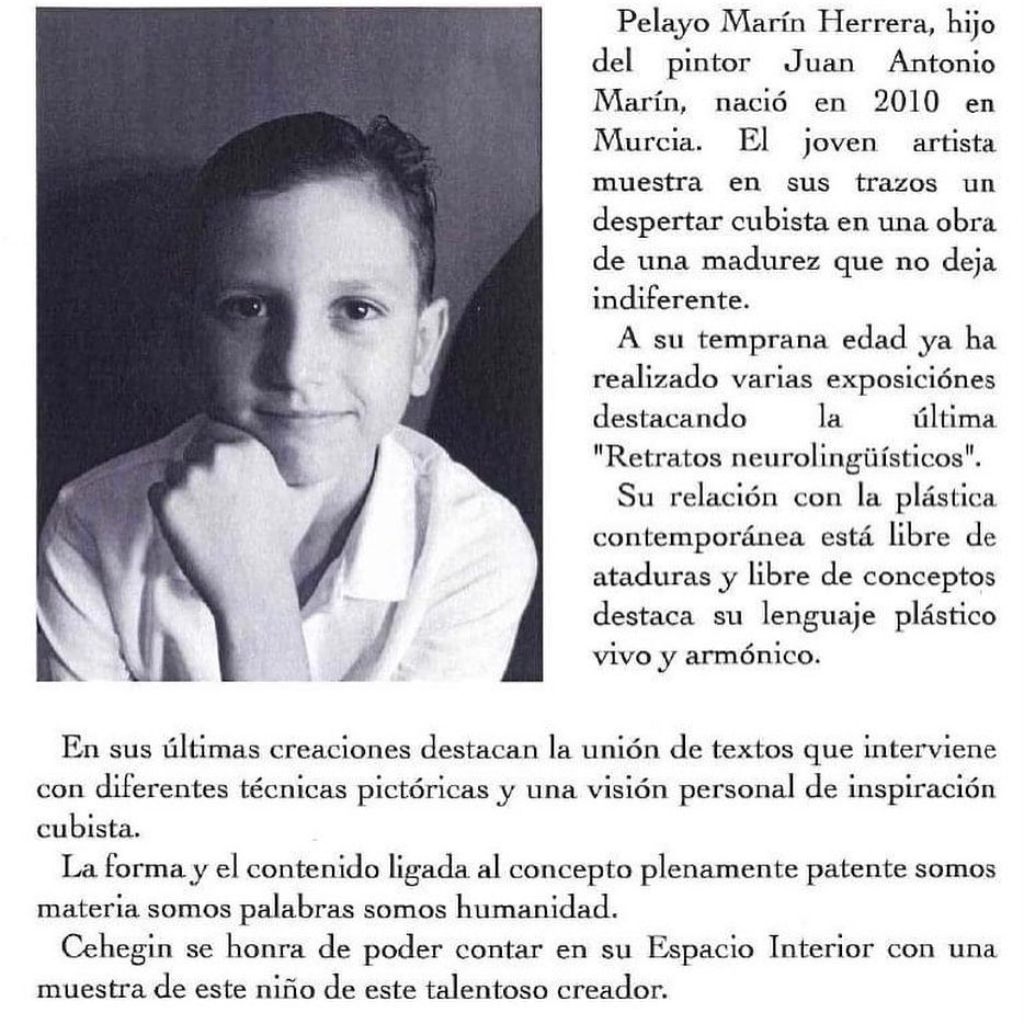 Nuestro alumno Pelayo Marín, de 6º de primaria, expone su obra en la microgalería “Espacio interior” de Cehegín. Pelayo ha demostrado siempre una gran creatividad y orientado por su padre, ha conseguido desarrollar y mejorar su arte. Enhorabuena y mucha suerte