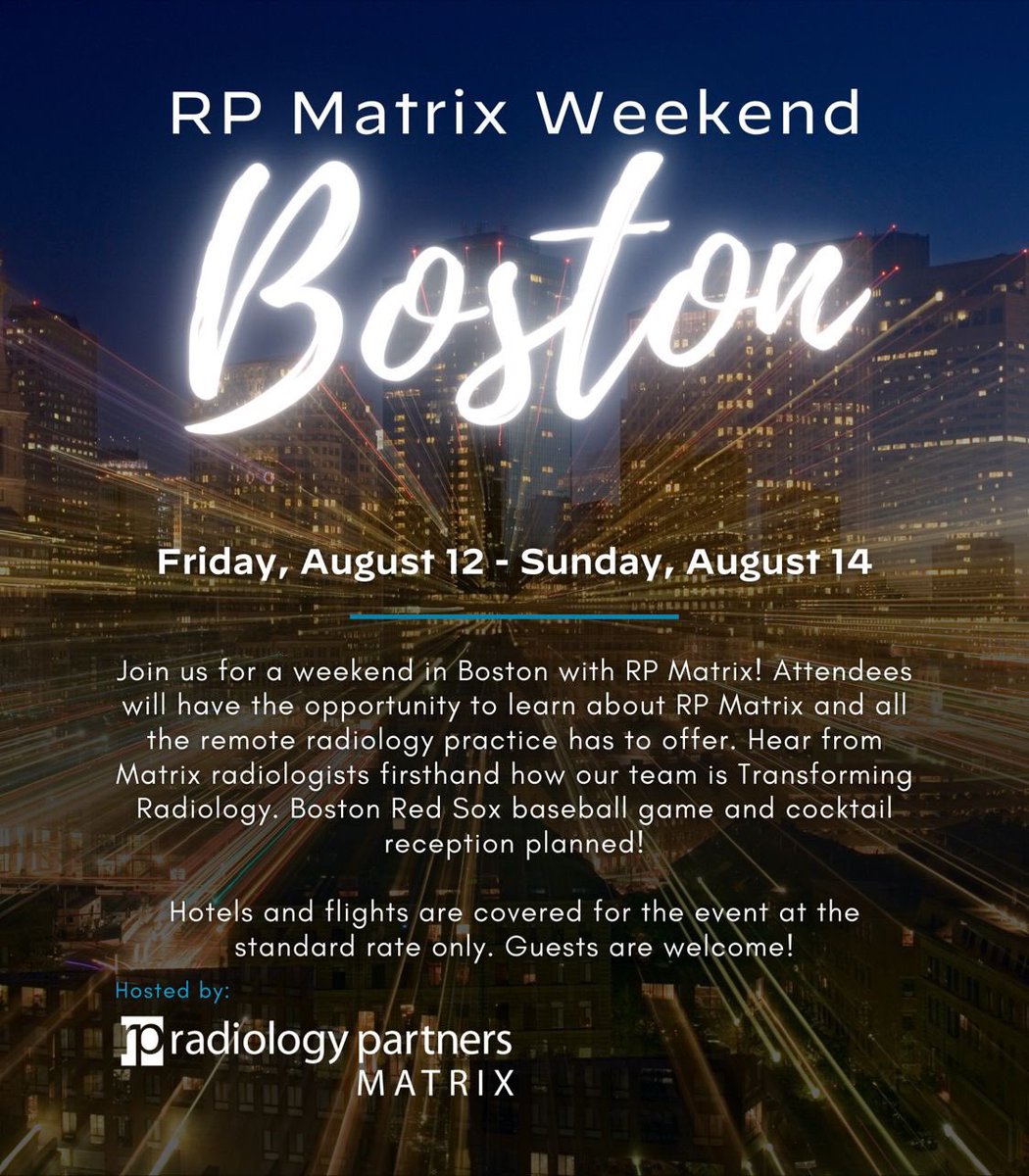 TayGeeTeleRad's tweet photo. One week til our Matrix event in Boston kicks off! Whoโs attending? ๐ค #RPmatrix #teleradiology #radiology #remote https://t.co/z864lGzIMG