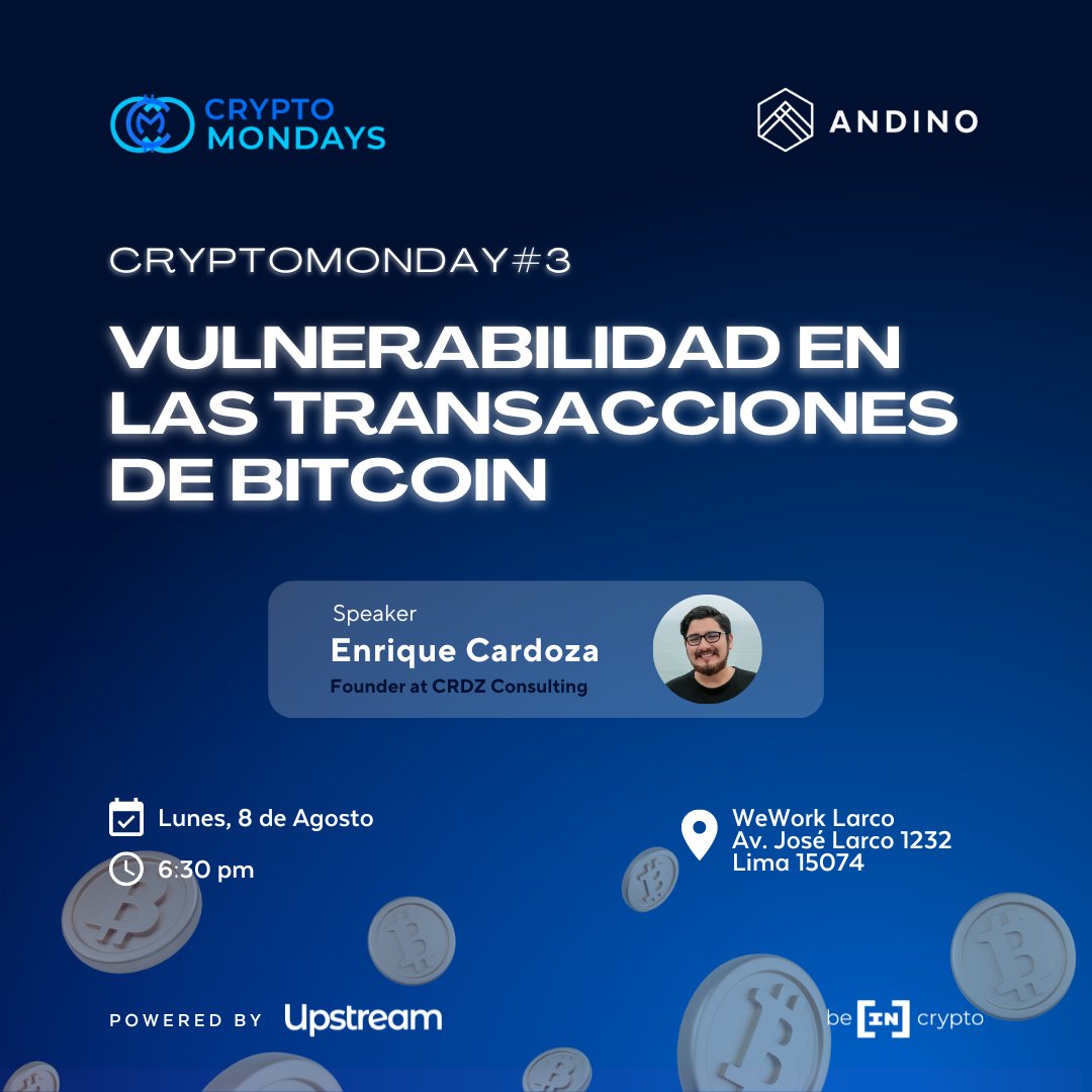 andino_labs's tweet photo. @CryptoMondaysNY @andinodao - Construyendo transacciones sobre Bitcoin 🪙

En esta sesión, veremos posibles problemas de seguridad relacionados con la cadena de bloques de bitcoin. 

Se parte de los Crypto Mondays totalmente gratis
Recuerda registrarte en https://t.co/0vOaYnivVh https://t.co/iPv7ZNZDod