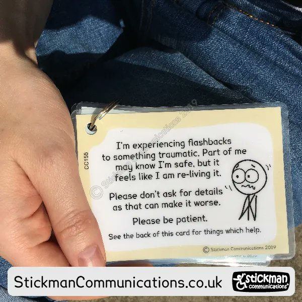Many people who have lived through trauma experience #flashbacks - and people trying to be helpful can inadvertently make it worse - asking questions, touching etc. A written way of explaining what is happening and what you need can really help. Card from stickmancommunications.co.uk/pro.../flashba…