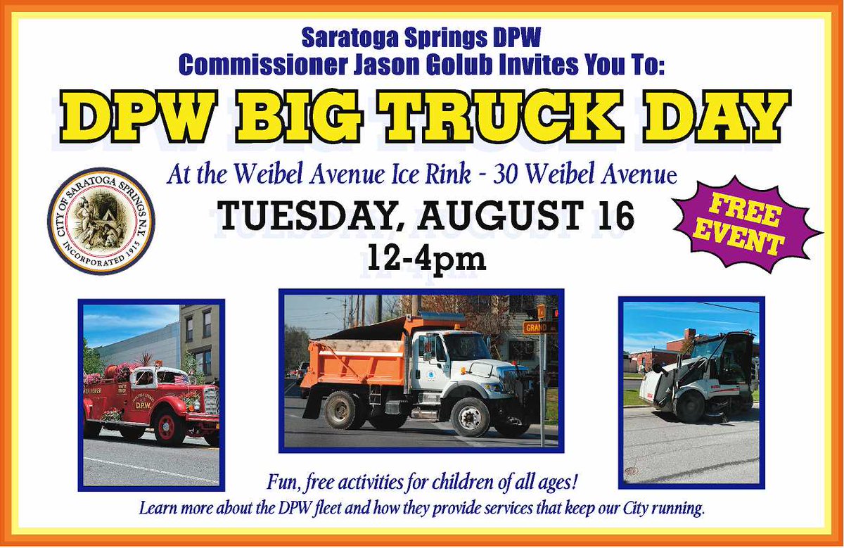 SaratogaDPW's tweet photo. On Tuesday, August 16th at the Weibel Ave Ice Rink parking lots, DPW will host Big Truck Day, a free public event from noon to 4pm.  
"I'm very excited to show off our fleet and have the community learn more about DPW!" said 
@DPWJason https://t.co/qT8MDU4y9f