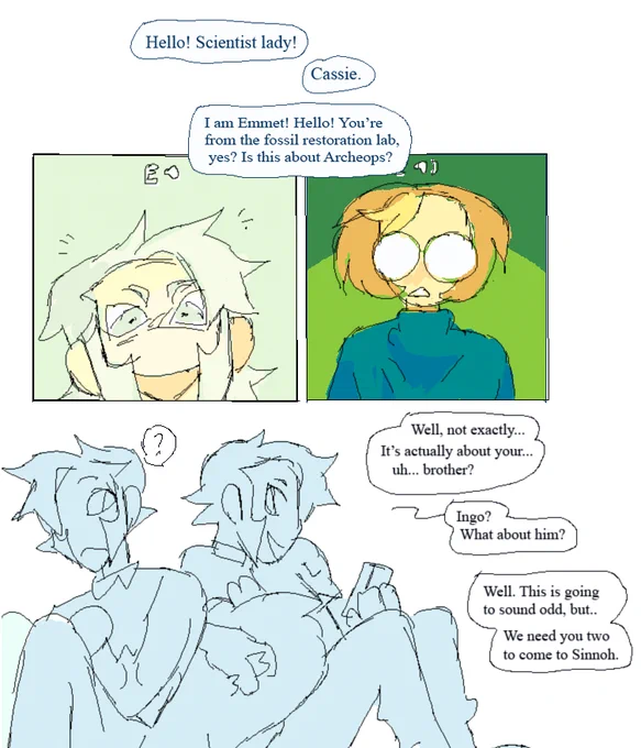 Because I got attached to this concept from a joke post.. Fossil restoration guys revive warden Ingo, who everyone naturally assumes to be the twins' great great grandpa 