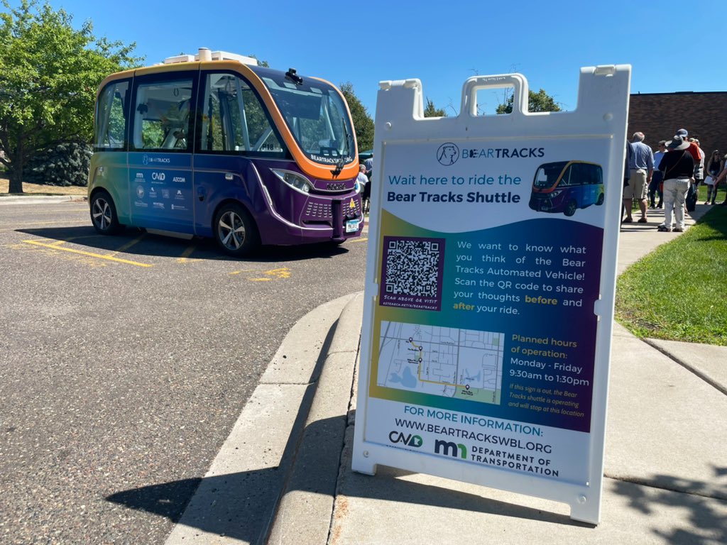 We’re thrilled to be launching Bear Tracks today in White Bear Lake - the first autonomous, driverless shuttle in the Twin Cities! 

Bear Tracks is free to the public &amp; will serve a 1.5 mile route through July 2023. 

Learn more at beartrackswbl.org!