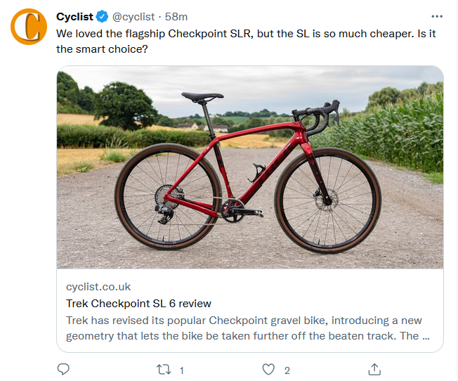 guitarted1961's tweet photo. A review stating the Trek Checkpoint's geometry is pushing into the realm of MTB and is "new". Basically identical geo to my 2014 Raleigh Tamland Two. #NotSoNew https://t.co/WCwhgvtKTh