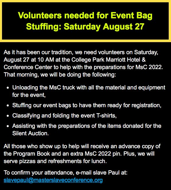 MsCNews's tweet photo. Want to help out at MsC? Check out this opportunity! For more information and to confirm attendance for this, email slavepaul@masterslaveconference.org https://t.co/x2fswJS8Bh