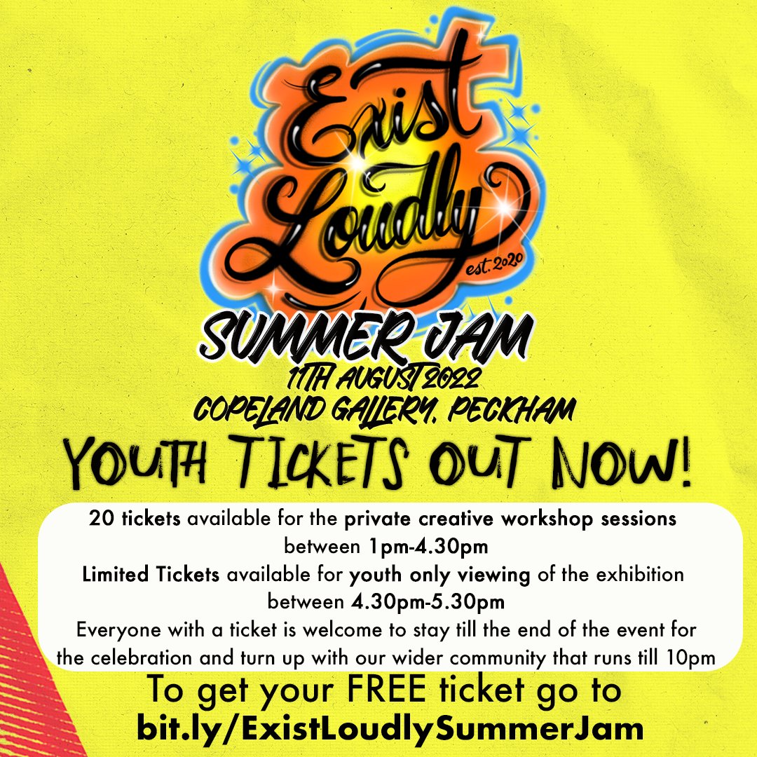 Youth Tickets have now gone live for our Exist Loudly Summer Jam next Thursday 11th August!

Limited tickets available, first come, first served.

*ExclusivelyFor Black/Mixed Black LGBTQ+ youth from London*

Grab your FREE ticket here bit.ly/ExistLoudlySum…