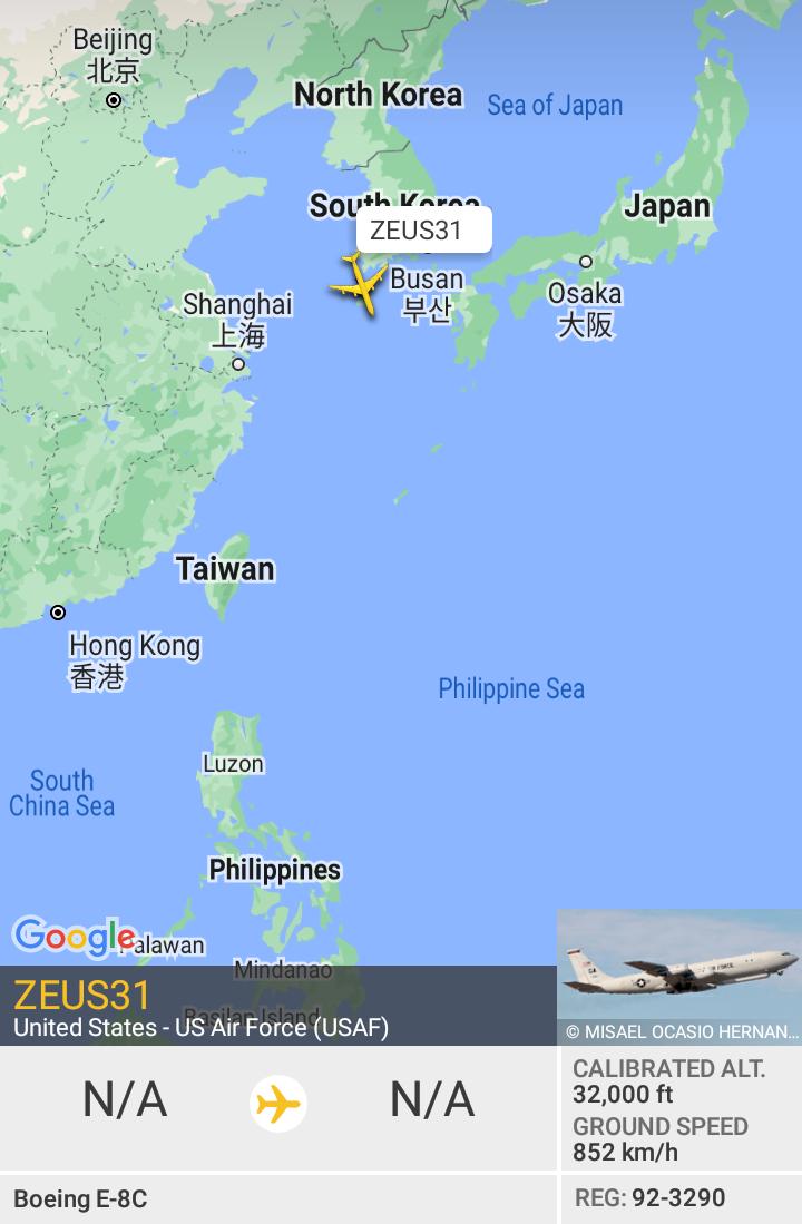 Oceanworldfree's tweet photo. 🇺🇲USAF ZEUS31 92-3290 #AE148B form #KoreanPeninsula to southern #TaiwanStrait via #MiyakoStrait

Boeing E-8C JSTARS 
NKorea 1.0v. to  NKorea 2.0v. https://t.co/WhVt2Si8zi