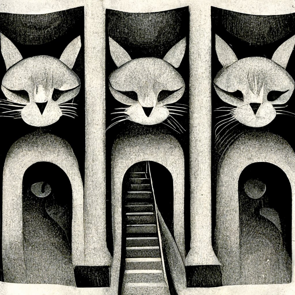 Vorzimmertyp's tweet photo. @rinukuss Interesting! I think #midjourney looks more refined?    "A horde of cats sitting on long stairs by MC Escher", provided a great result as well with #MidjourneyAI https://t.co/Lw1PgYjA44
