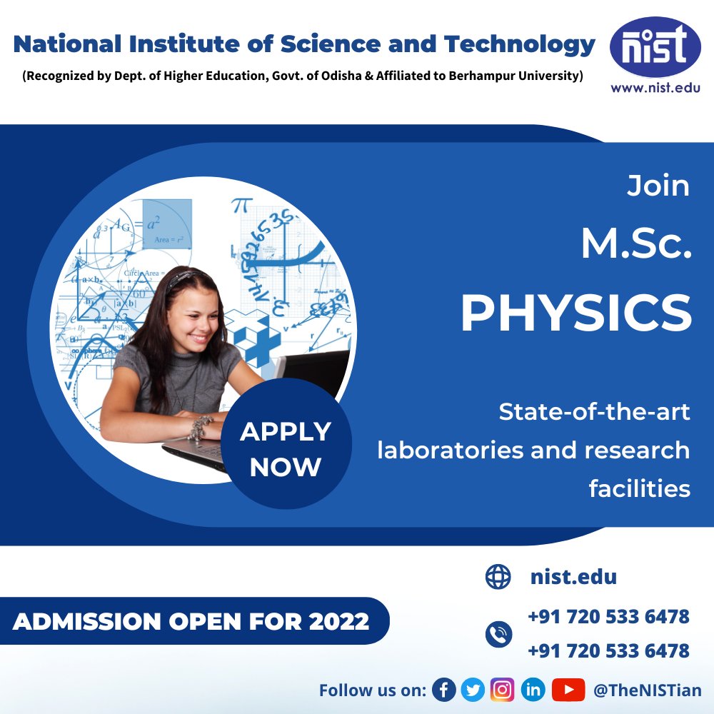 NIST_University's tweet photo. Join https://t.co/joZkDXocEl. in Physics at NIST, Berhampur and gain exposure in cutting-edge laboratories and research facilities. Contact us & secure your seat.
Admission Office: 7205326478, 7205336478 (WhatsApp/Call)
#AdmissionsOpen #Admissions #MSCphysics #science #nist https://t.co/U1Cj4X2pzS