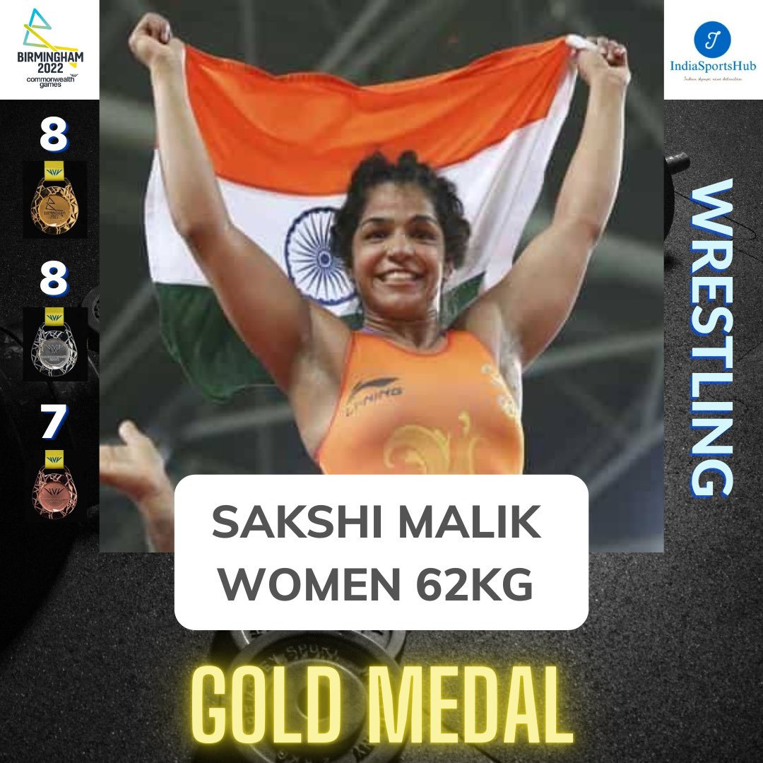 IndiaSportsHub's tweet photo. GOLD MEDAL ALERT 🚨 

Sakshi Malik Makes a Superb comeback to grab the Gold Medal

💫Wins India’s 8th Gold at #Birmingham2022 
💫Defeats Godinez by Fall

#Wrestling #CWG22 https://t.co/zXA2aQqCia