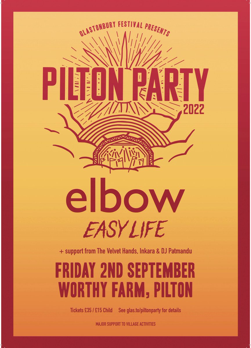 playing at pilton party on september 6th. tickets on sale from the local shop in Glastonbury. see you locals there!