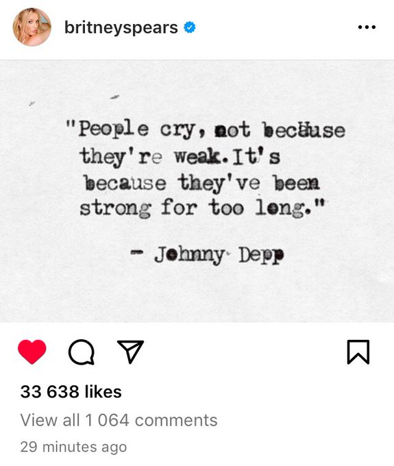 lovecitytravel's tweet photo. Britneys IG post currently on 80,098 likes. Spread it and get it higher! #johnnydepp #johnnydeppdeservesanapology https://t.co/lMWkbMECE3