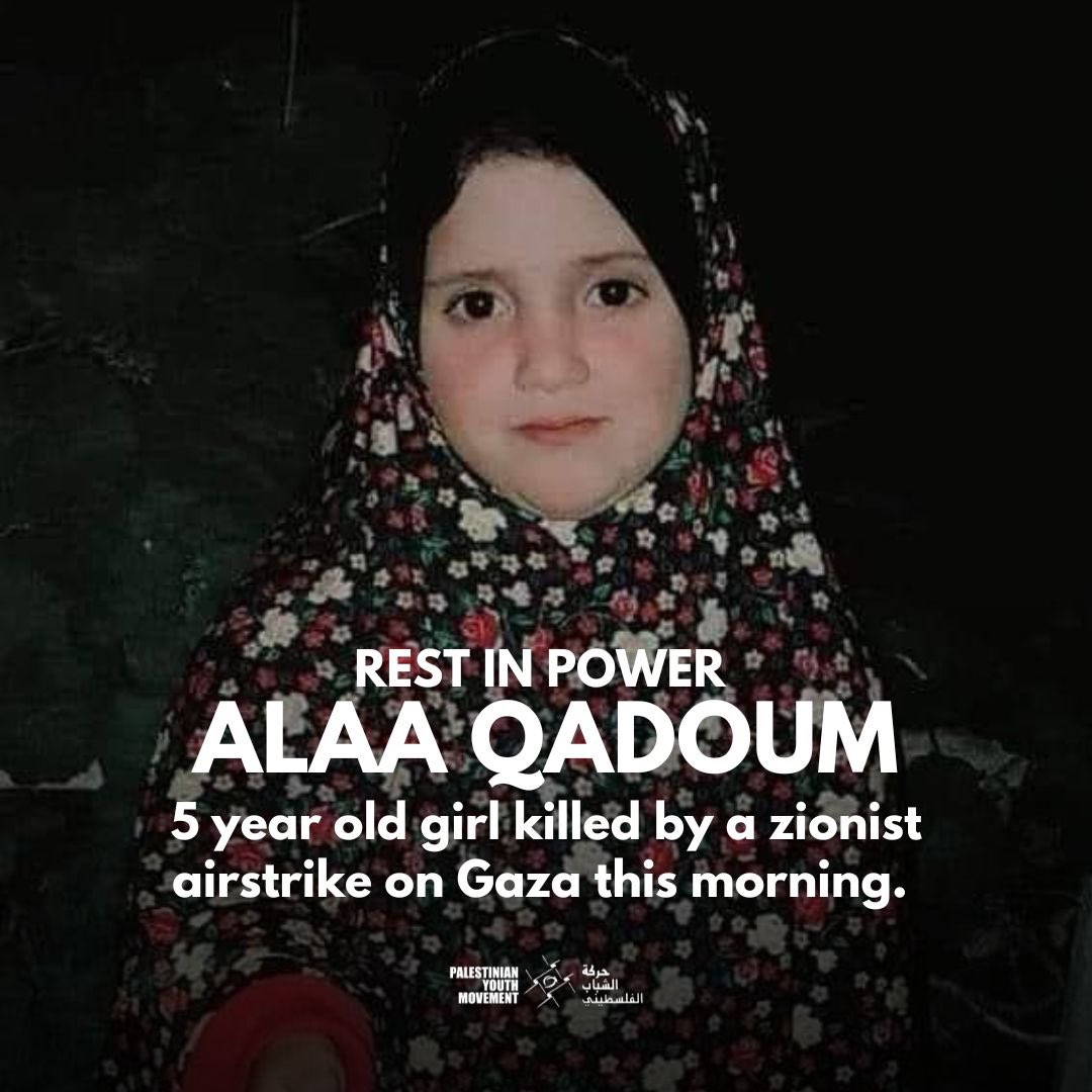 palyouthmvmt's tweet photo. Today, a Zionist airstrike on Gaza killed 5-year-old Alaa Qadoum. Before the funeral, Qadoum’s father was seen holding the young martyr’s body and walking through the city with family and onlookers weeping and offering condolences. https://t.co/nwvMz80Txa