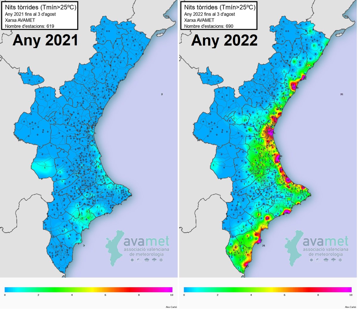 avamet's tweet image. Més mapes: comparem les mínimes tòrrides (&amp;gt;25 °C) que portem a estes altures de l&apos;estiu l&apos;any 2021 i l&apos;any 2022. La diferència és espectacular.

Any 2021 ➡️ Any 2022

Benidorm 5 ➡️ 31
València 1 ➡️ 17
Castelló de la Plana 2 ➡️ 16
Alacant 1 ➡️ 8
Xàtiva 0 ➡️ 5
Cervera del M. 0 ➡️ 2
