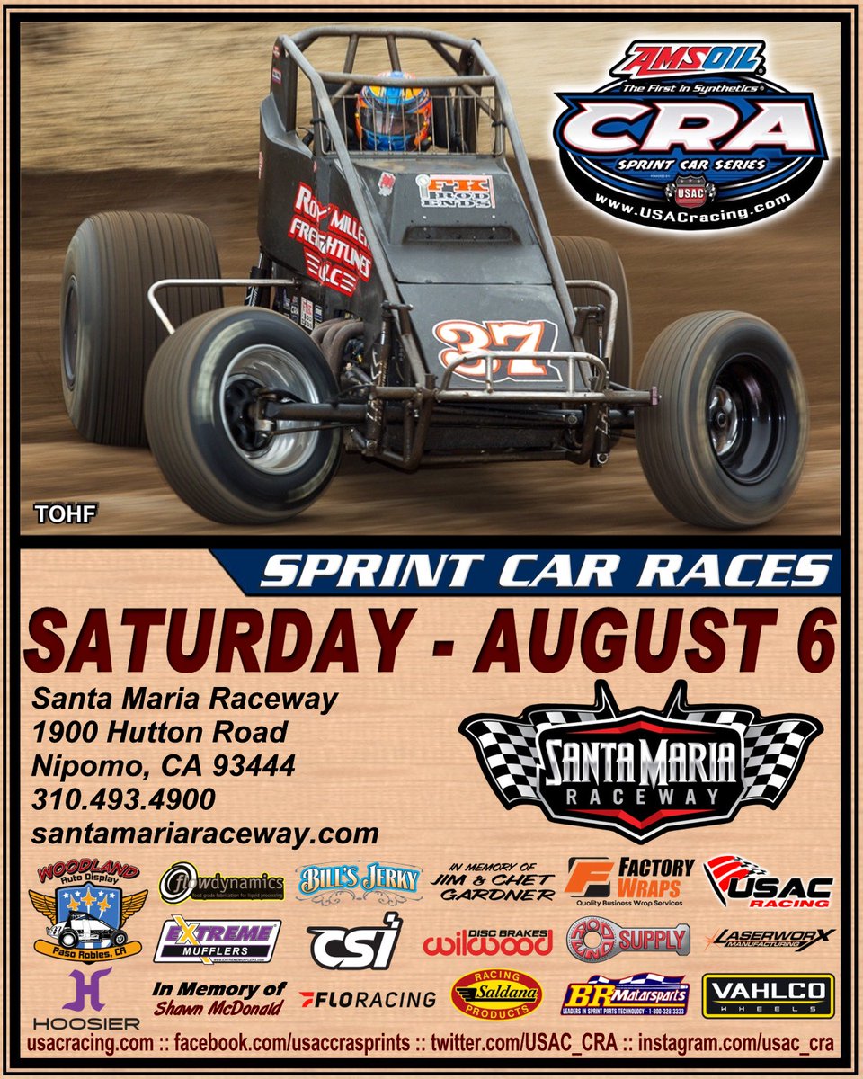 USAC_CRA's tweet photo. Tomorrow, August 6th, the AMSOIL USAC/CRA Sprint Cars will return to Santa Maria Raceway. #usacnation #cra #usaccra #santamariaraceway #santamaria https://t.co/LQTgXfXvka